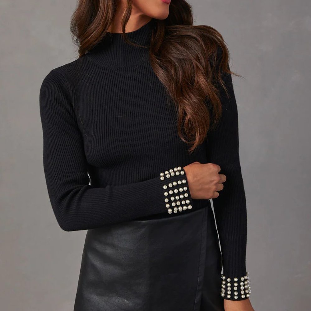 Vici Camalie Pearl Embellished Mock Neck Sweater